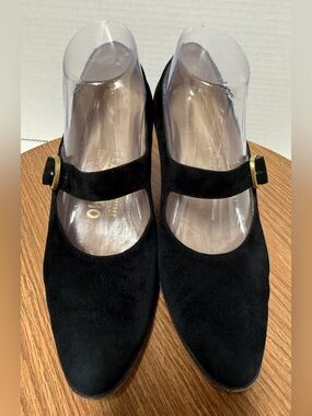 Salvatore Ferragamo Vtg Black Ninive Nero Suede Calf Buckle Mary Jane Heels